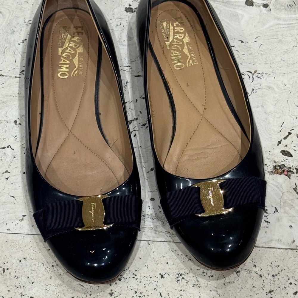 Salvatore Ferragamo Navy Flats with Gold Buckle